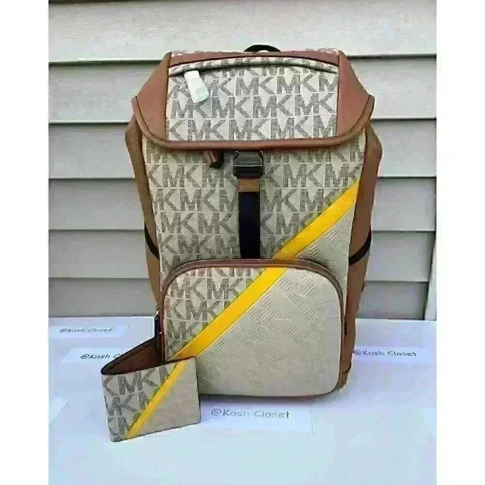 Michael Kors Mens Cooper Backpack Logo Stripe Bag & Wallet Bundle Set Chino